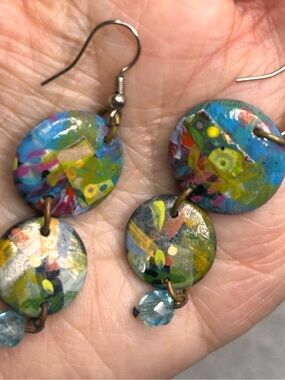 Hand-Painted artisan Blue crystal Multi-Color Disc Drop Earrings